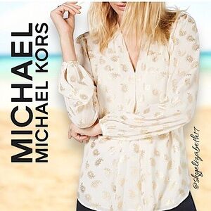 MK Michael Kors Gold Foil Paisley Print Long sleeve Cream Colored Blouse, XL